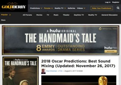 GoldDerby: 2018 Oscar Predictions: Best Sound Mixing (Updated: November 26th, 2017)