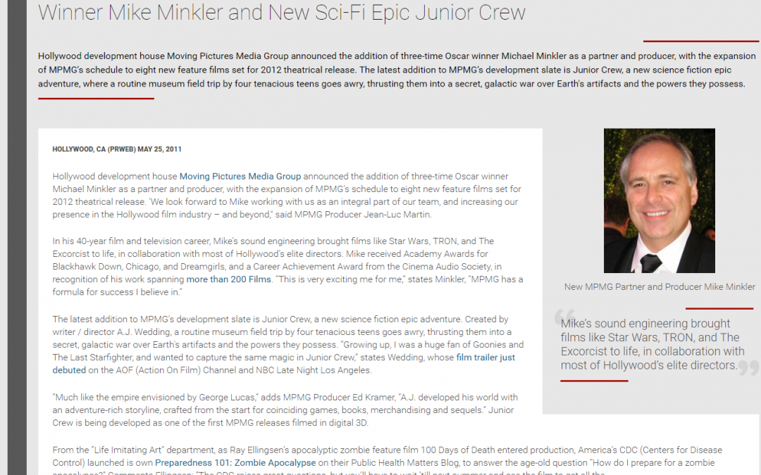 PR Web: MPMG Takes to the Stars with Academy Award Winner Michael Minkler