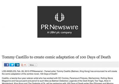 PR Newswire: Tommy Castillo To Create Comic Adaptation of “100 Days of Death”