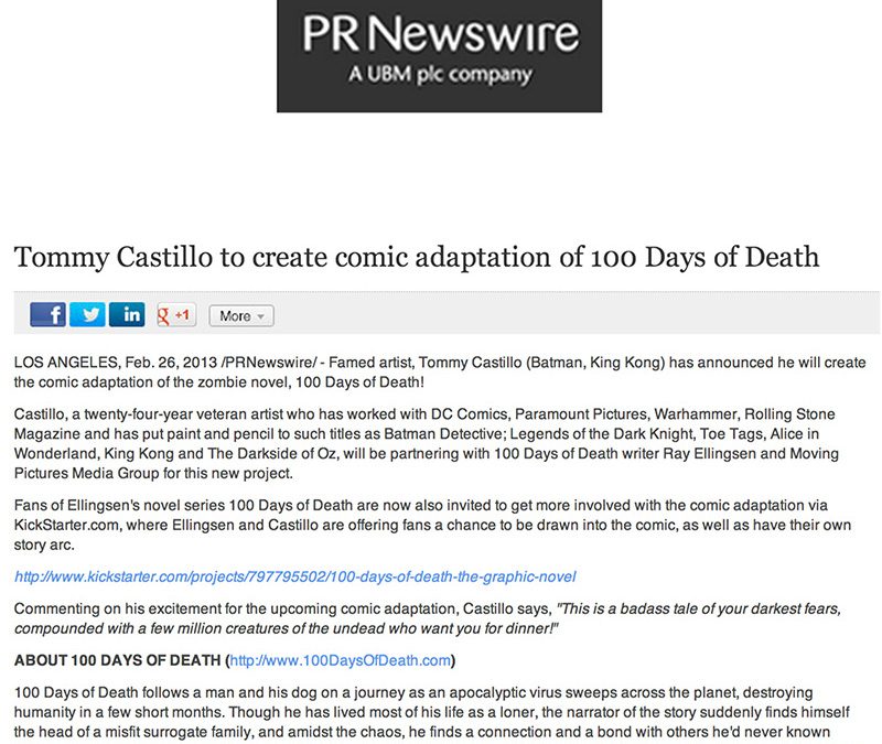 PR Newswire: Tommy Castillo To Create Comic Adaptation of “100 Days of Death”